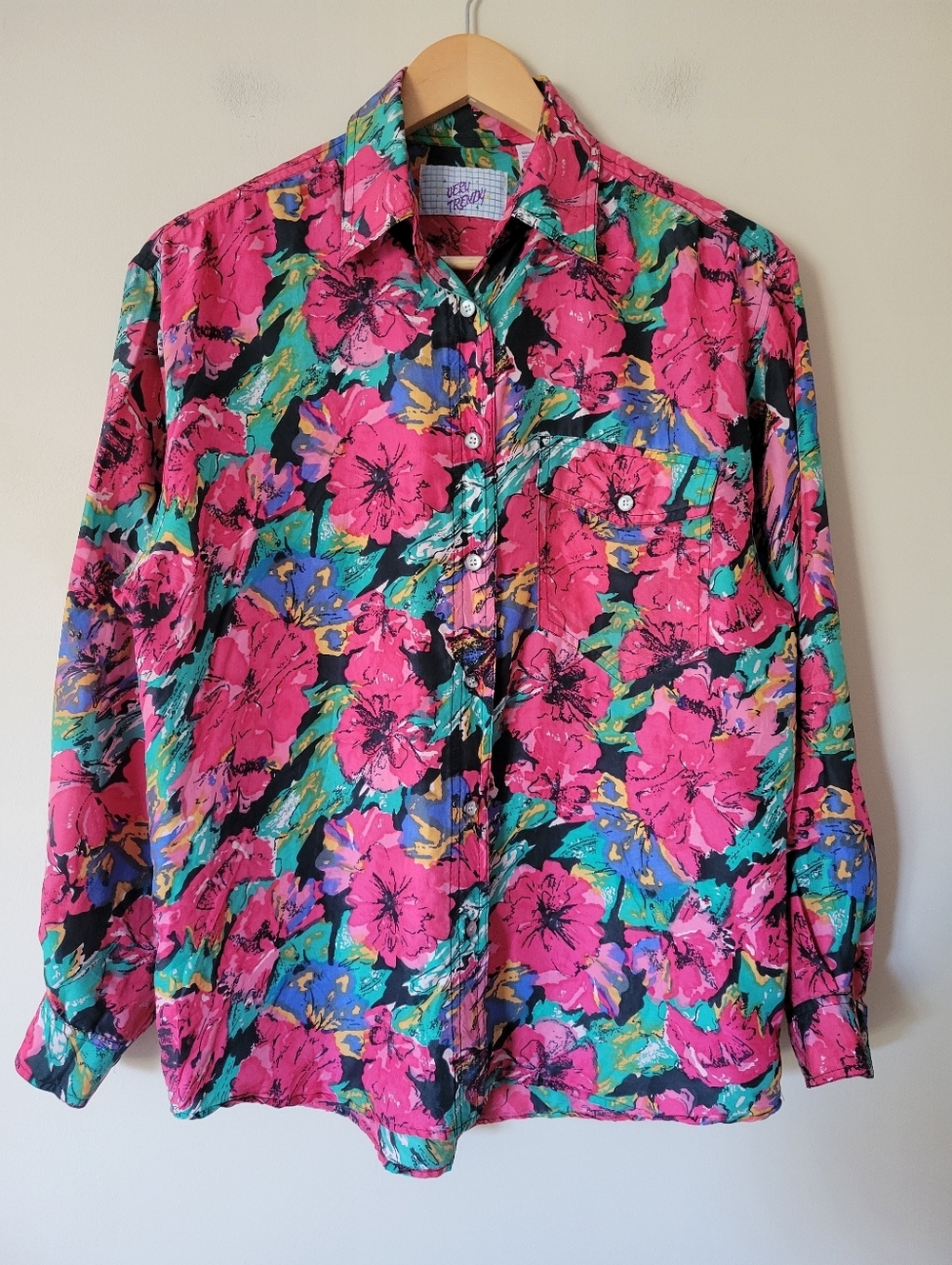 Vintage 80s Silk Women's Button Down Blouse Bold Floral Print Oversized Small